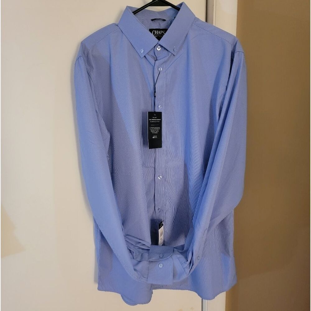 🆕️👔Chaps Slim Fit Button Collar Shirt, Blue Stripe/White, XL